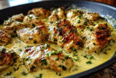 Close-up of pan-seared chicken pieces coated in a rich, creamy lemon chicken sauce and garnished with fresh parsley.