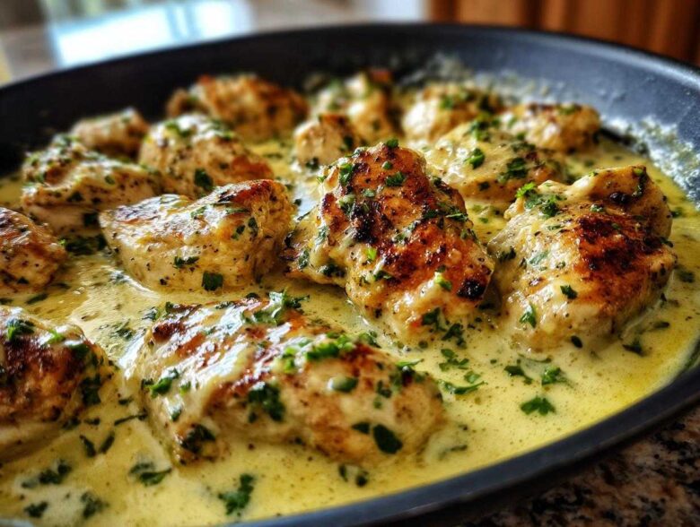 Close-up of pan-seared chicken pieces coated in a rich, creamy lemon chicken sauce and garnished with fresh parsley.