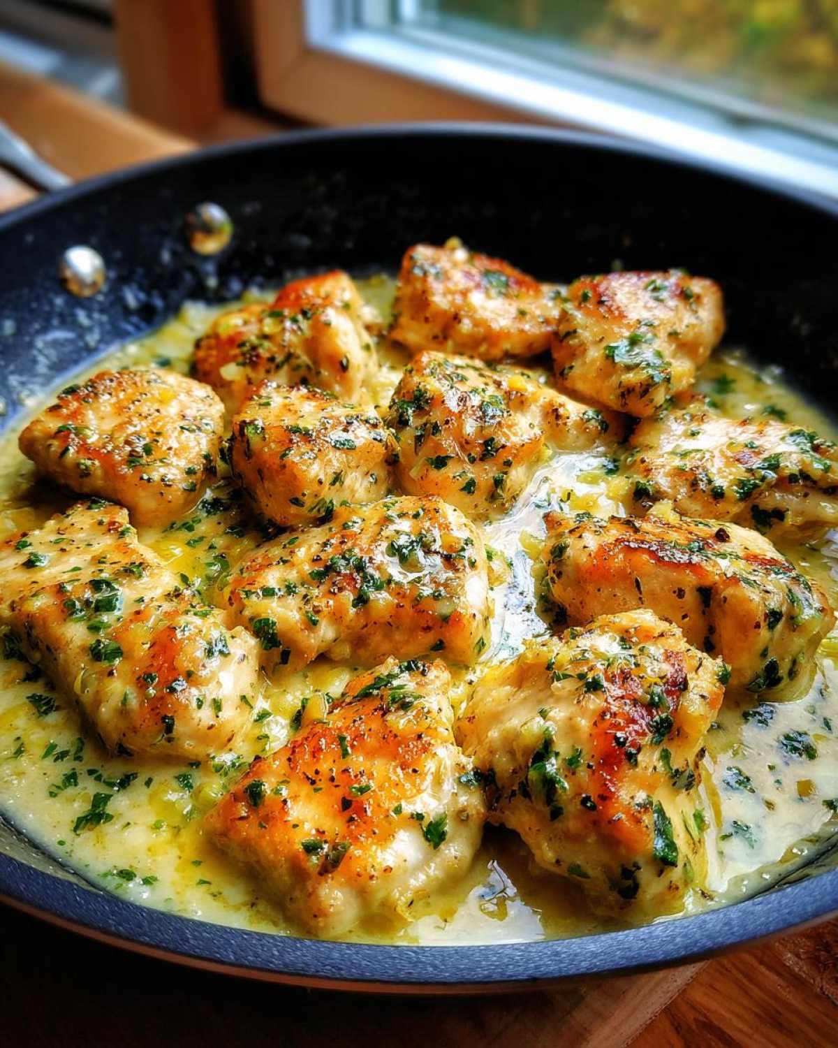 Close-up of golden-brown chicken pieces simmering in a rich, creamy lemon sauce garnished with parsley.