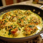 Close-up of seared chicken pieces simmering in a rich, creamy lemon sauce, topped with fresh parsley.