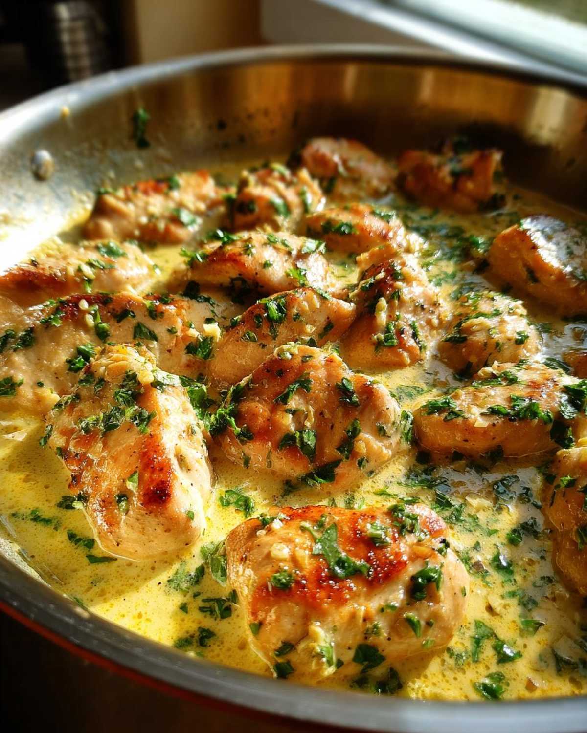 Close-up of seared chicken pieces simmering in a bright yellow, creamy lemon sauce topped with fresh parsley.