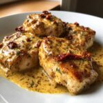Three pieces of seared chicken breast smothered in a rich, creamy sauce with sun-dried tomatoes, representing Marry Me Chicken.