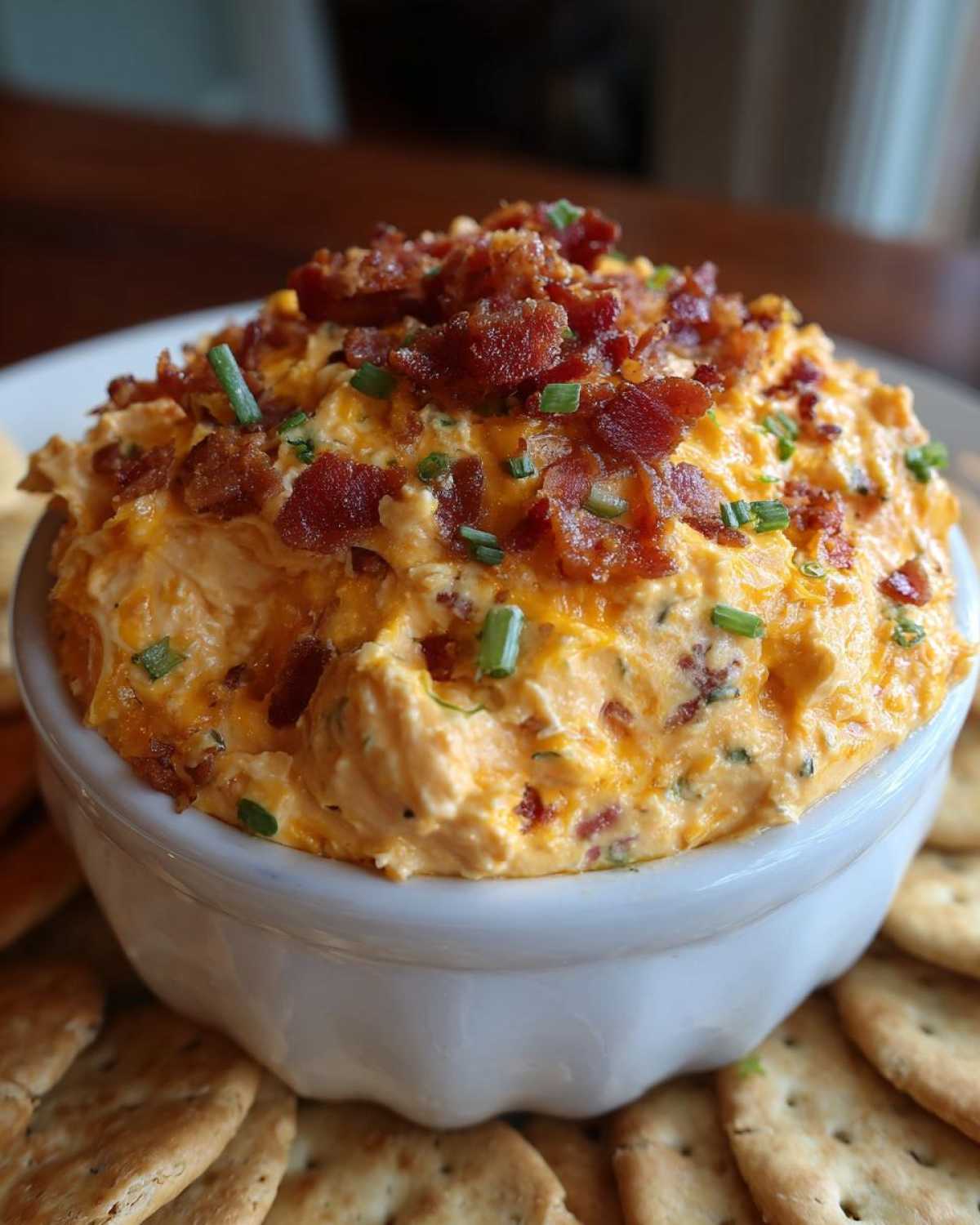 A close-up of creamy, orange-colored Million Dollar Dip topped generously with crumbled bacon and fresh chives, served with crackers.