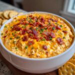 A creamy, orange-colored million dollar dip served in a white bowl, generously topped with crumbled bacon and chopped green chives.