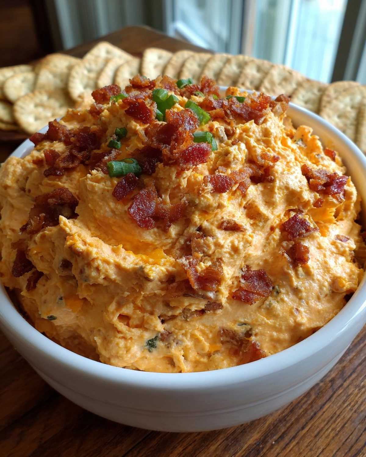 Close-up of creamy, orange-colored Million Dollar Dip topped generously with crispy bacon bits and chopped green onions.