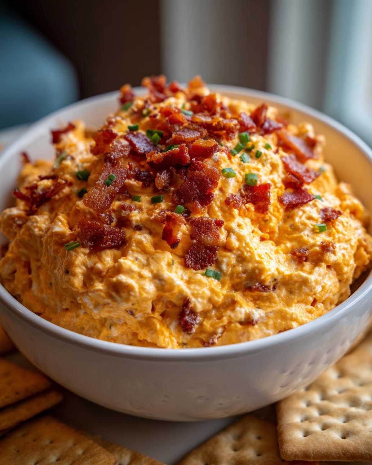 A close-up of creamy, orange-colored Million Dollar Dip topped generously with crumbled bacon and chopped chives, served with crackers.