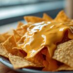 Close-up of tortilla chips generously covered in smooth, bright nacho cheese sauce.