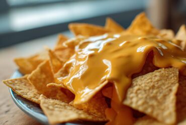 Close-up of tortilla chips generously covered in smooth, bright nacho cheese sauce.