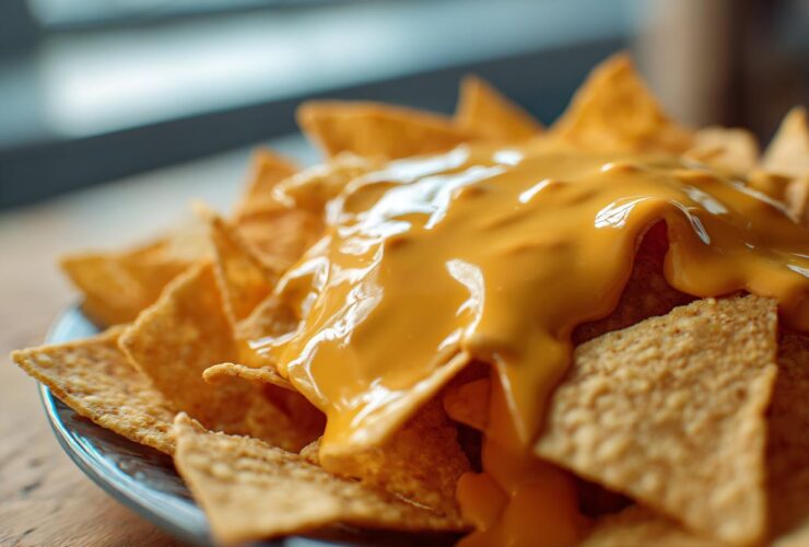 Close-up of tortilla chips generously covered in smooth, bright nacho cheese sauce.
