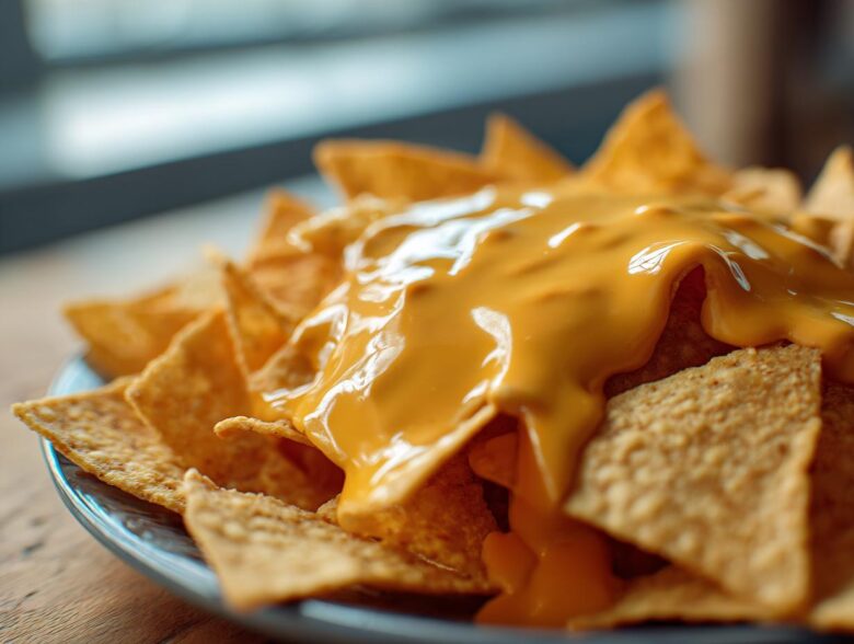Close-up of tortilla chips generously covered in smooth, bright nacho cheese sauce.
