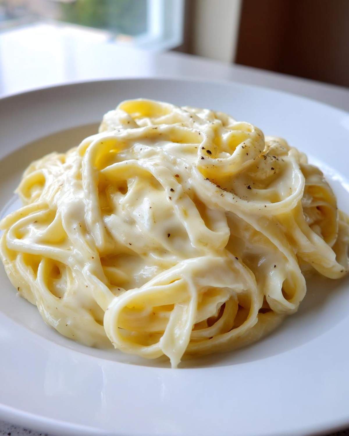 Close-up of fettuccine pasta generously coated in creamy Olive Garden Alfredo Sauce and sprinkled with black pepper.