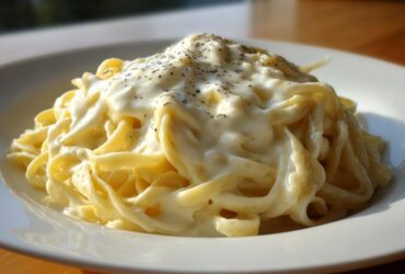 A close-up of fettuccine pasta generously coated in rich, creamy Olive Garden Alfredo sauce and sprinkled with pepper.