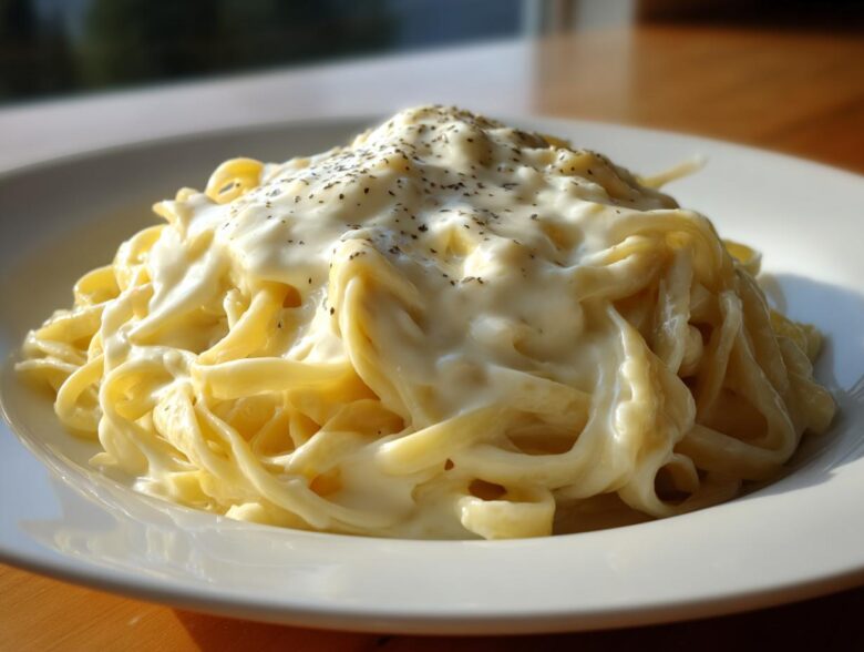 A close-up of fettuccine pasta generously coated in rich, creamy Olive Garden Alfredo sauce and sprinkled with pepper.