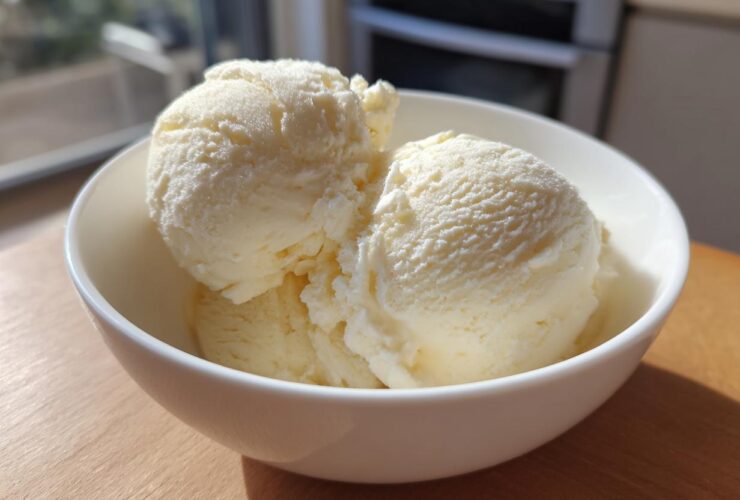 Three scoops of creamy, light yellow protein ice cream served in a white bowl on a wooden surface.