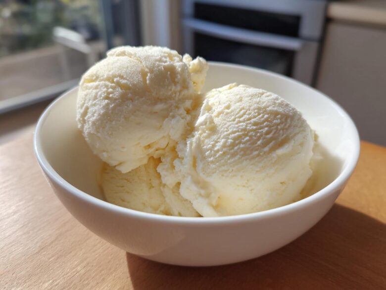 Three scoops of creamy, light yellow protein ice cream served in a white bowl on a wooden surface.
