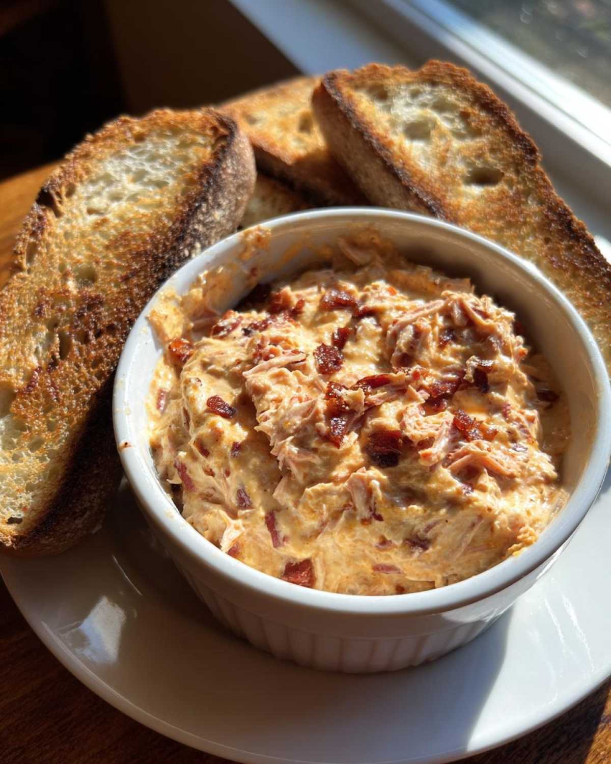 A small white ramekin filled with creamy Reuben dip topped with bacon bits, served alongside toasted sourdough bread slices.