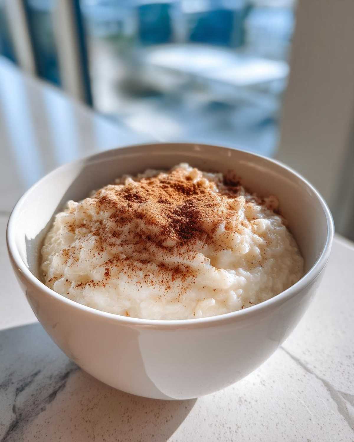 A close-up of creamy rice pudding in a white bowl, generously dusted with cinnamon.