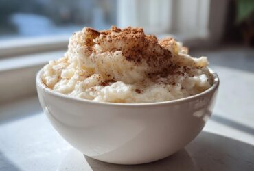 A close-up of creamy rice pudding served in a white bowl, generously topped with ground cinnamon.