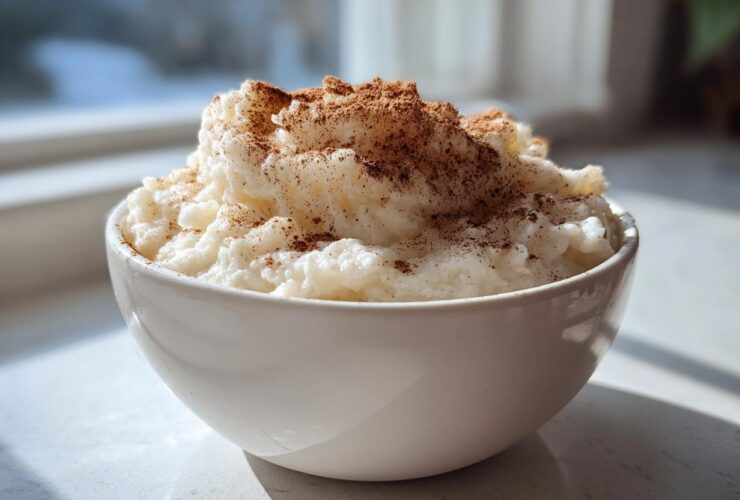 A close-up of creamy rice pudding served in a white bowl, generously topped with ground cinnamon.