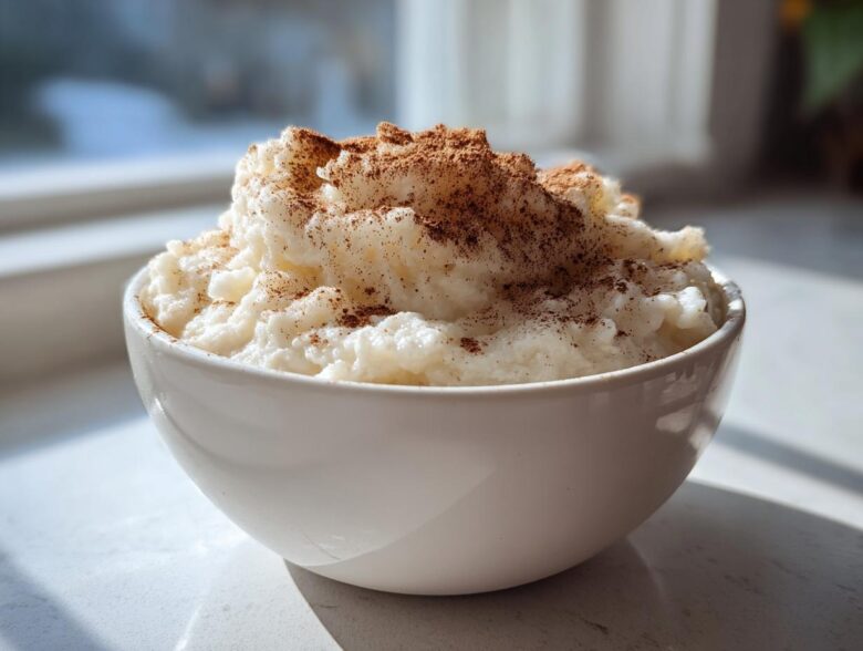 A close-up of creamy rice pudding served in a white bowl, generously topped with ground cinnamon.