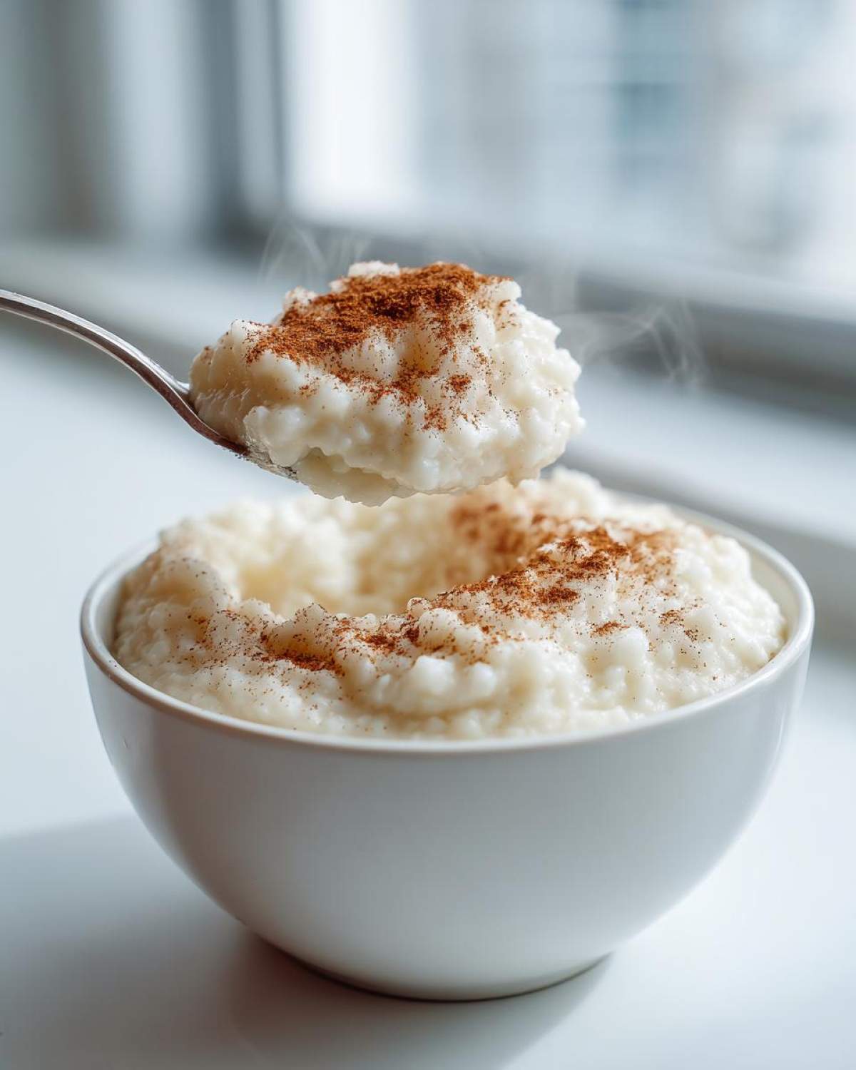 A spoonful of hot, creamy rice pudding topped with cinnamon is lifted from a white bowl of rice pudding.