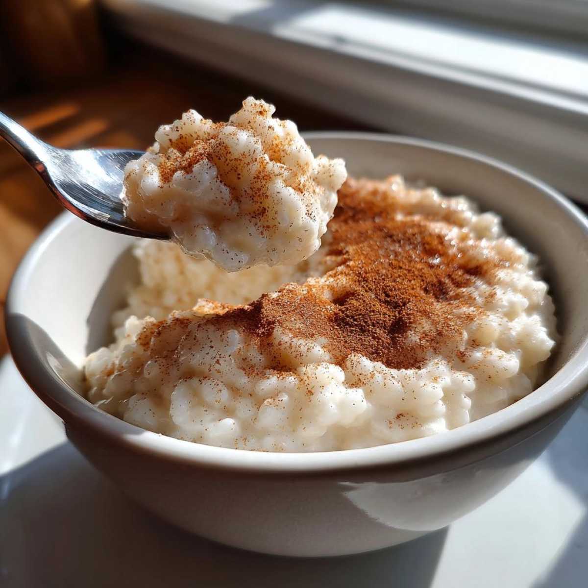 A spoonful of creamy rice pudding recipe topped with ground cinnamon being lifted from a white mug.