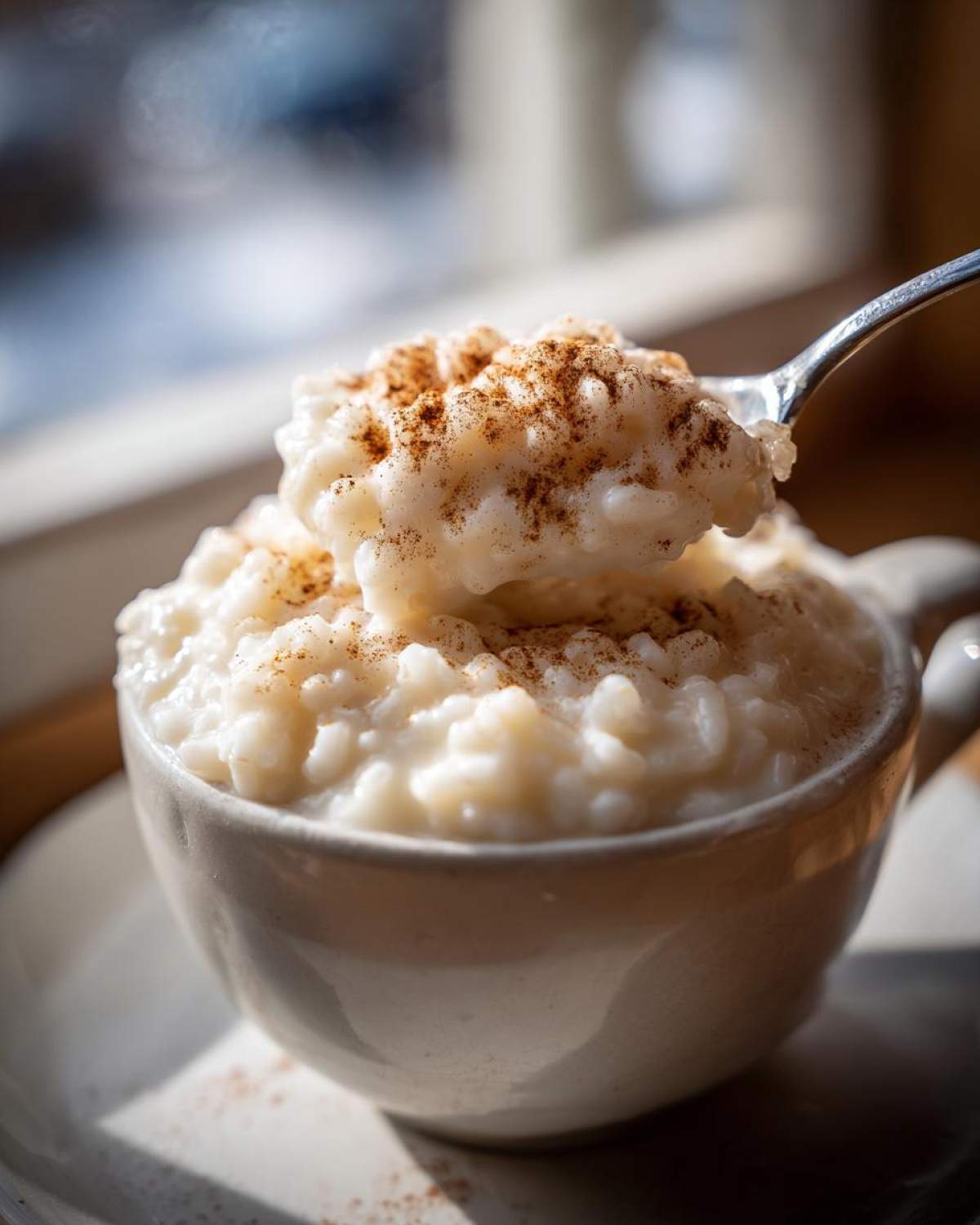 A spoonful of creamy rice pudding recipe topped with ground cinnamon being lifted from a white mug.