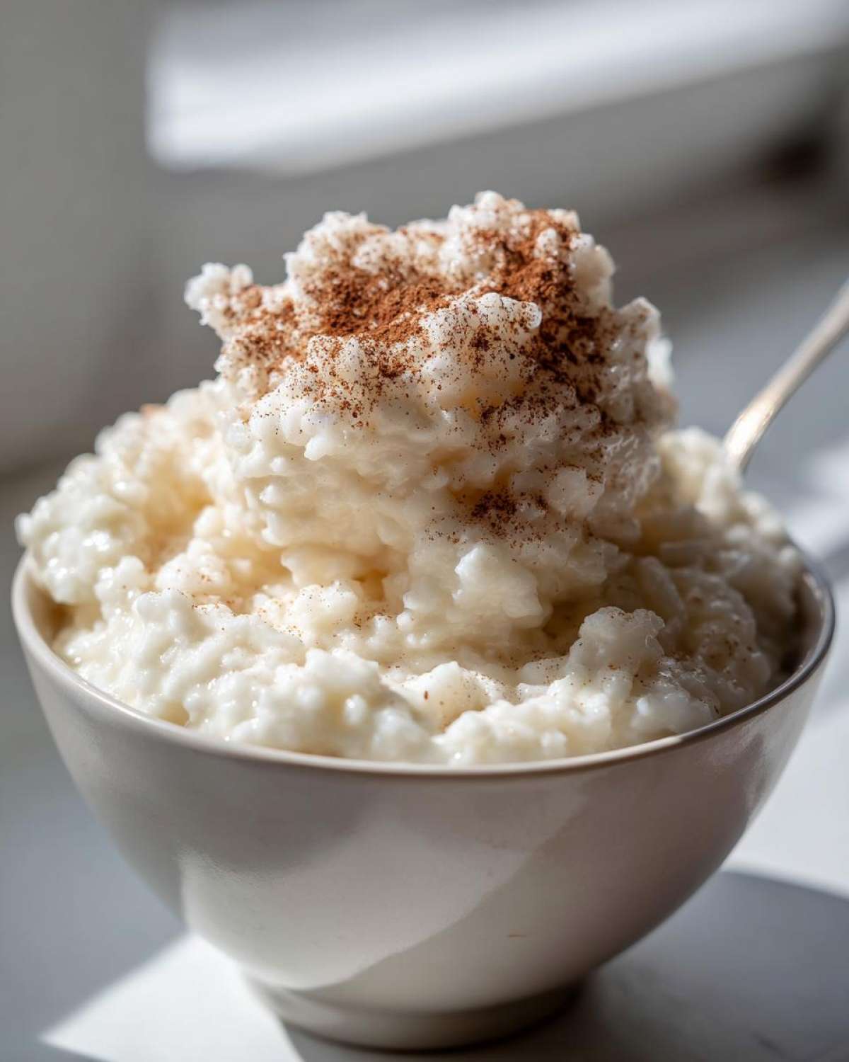 A close-up of a bowl filled with creamy rice pudding recipe, generously topped with ground cinnamon.
