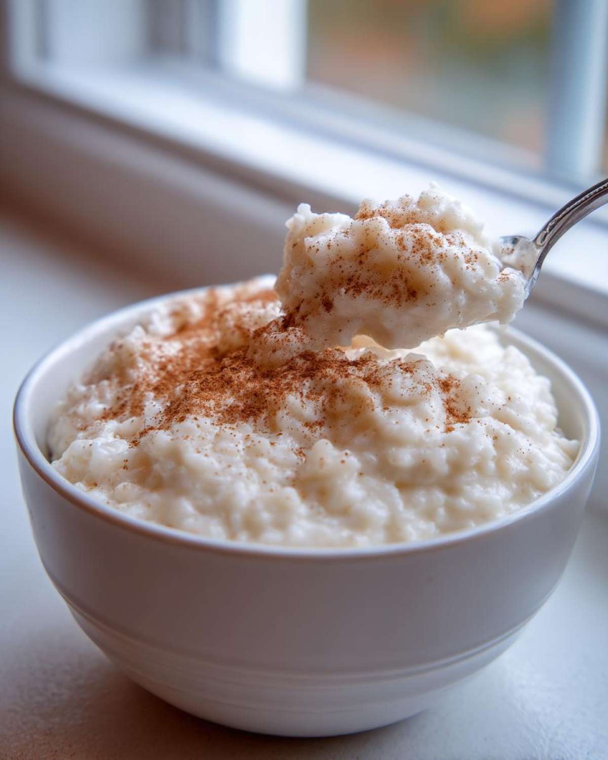 A spoonful of creamy rice pudding recipe topped with cinnamon being lifted from a white bowl.