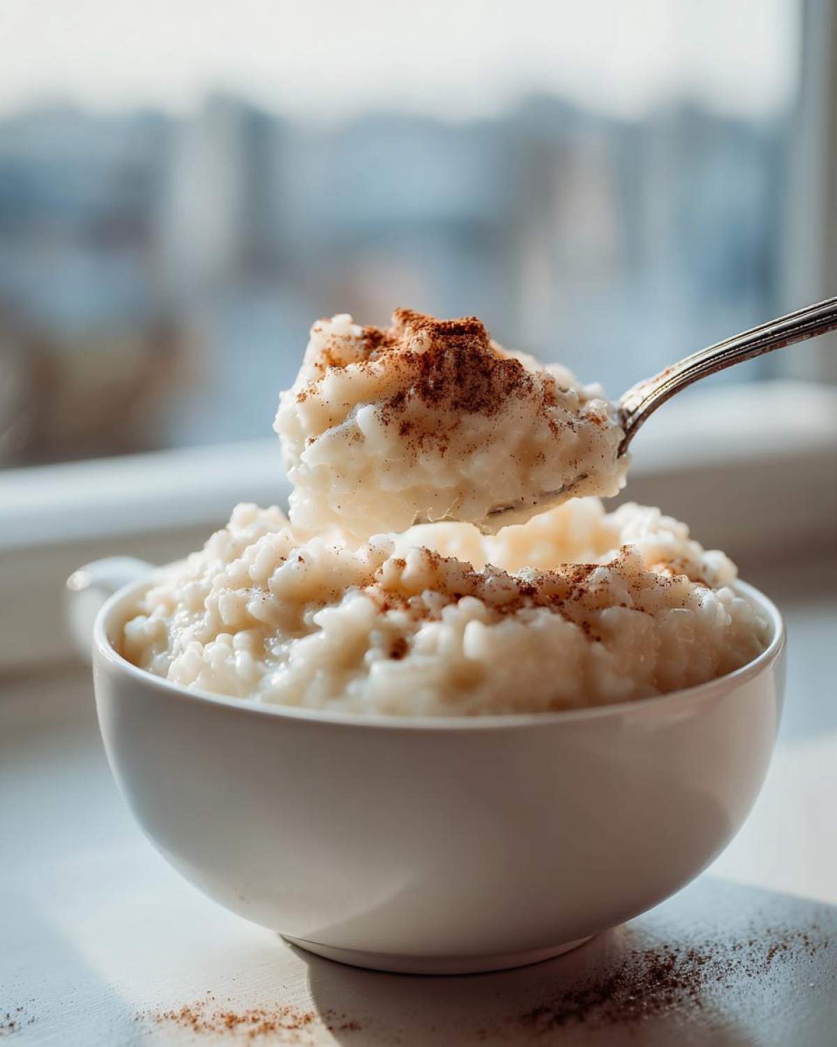 A spoonful of creamy rice pudding recipe topped with cinnamon being lifted from a white bowl.