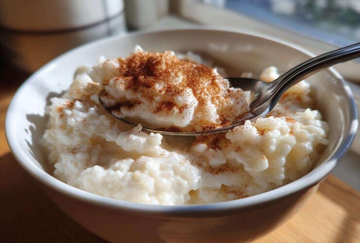 Close-up of creamy rice pudding recipe topped with ground cinnamon in a white bowl with a spoon.