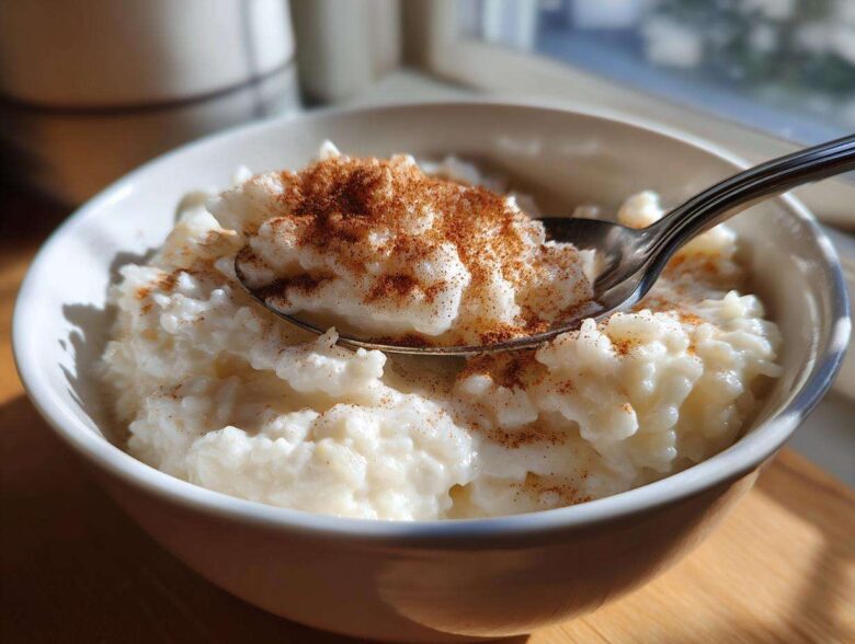 Close-up of creamy rice pudding recipe topped with ground cinnamon in a white bowl with a spoon.
