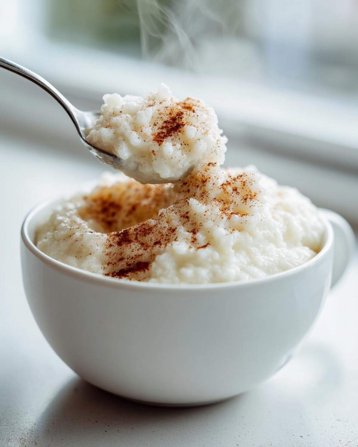 A spoonful of hot, creamy rice pudding topped with cinnamon being lifted from a white bowl.