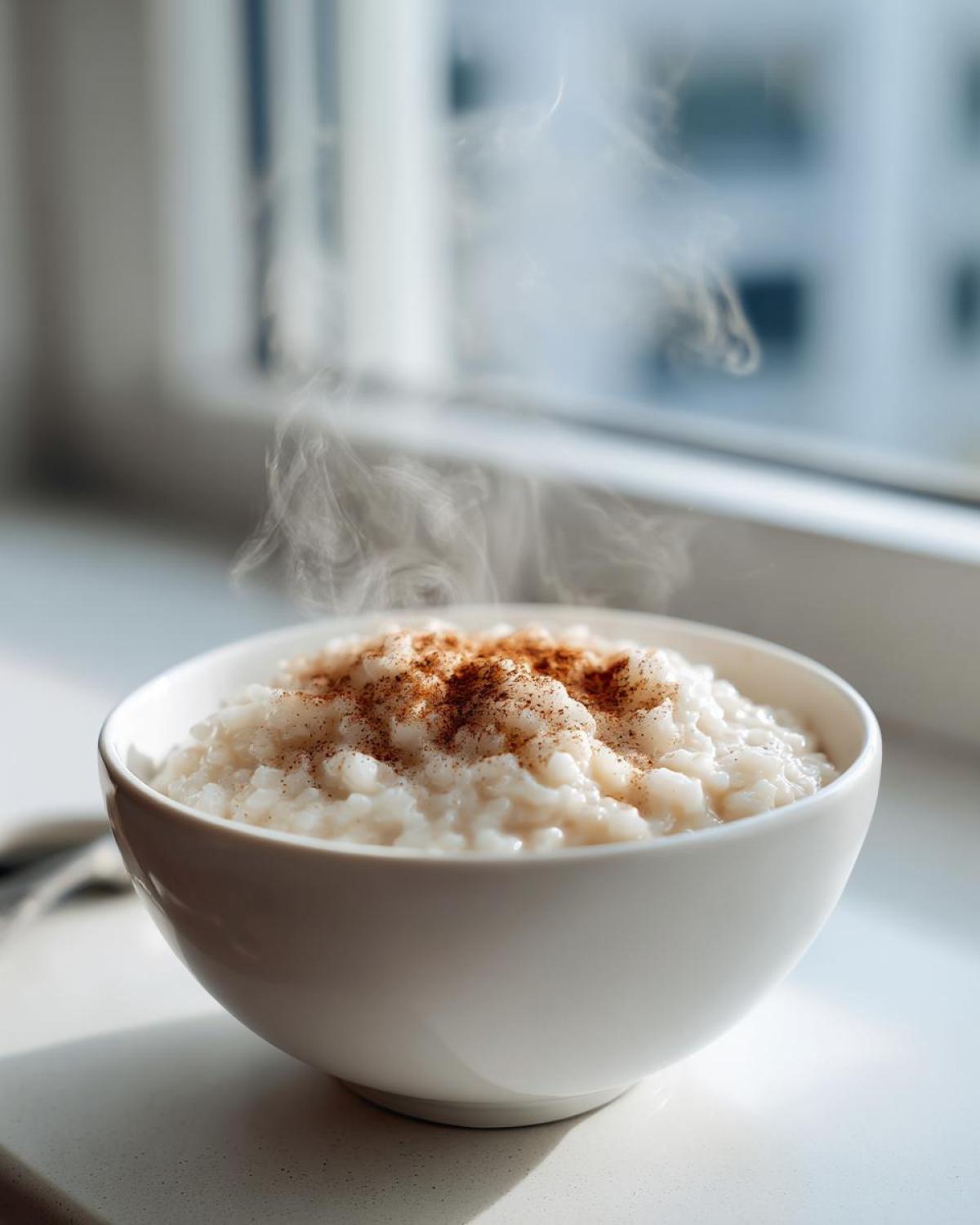 A close-up of a white bowl filled with hot, creamy rice pudding topped with cinnamon, steaming gently.