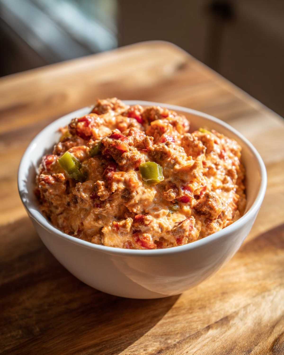 A close-up of a white bowl filled with hot, creamy rotel dip topped with chunks of green peppers.