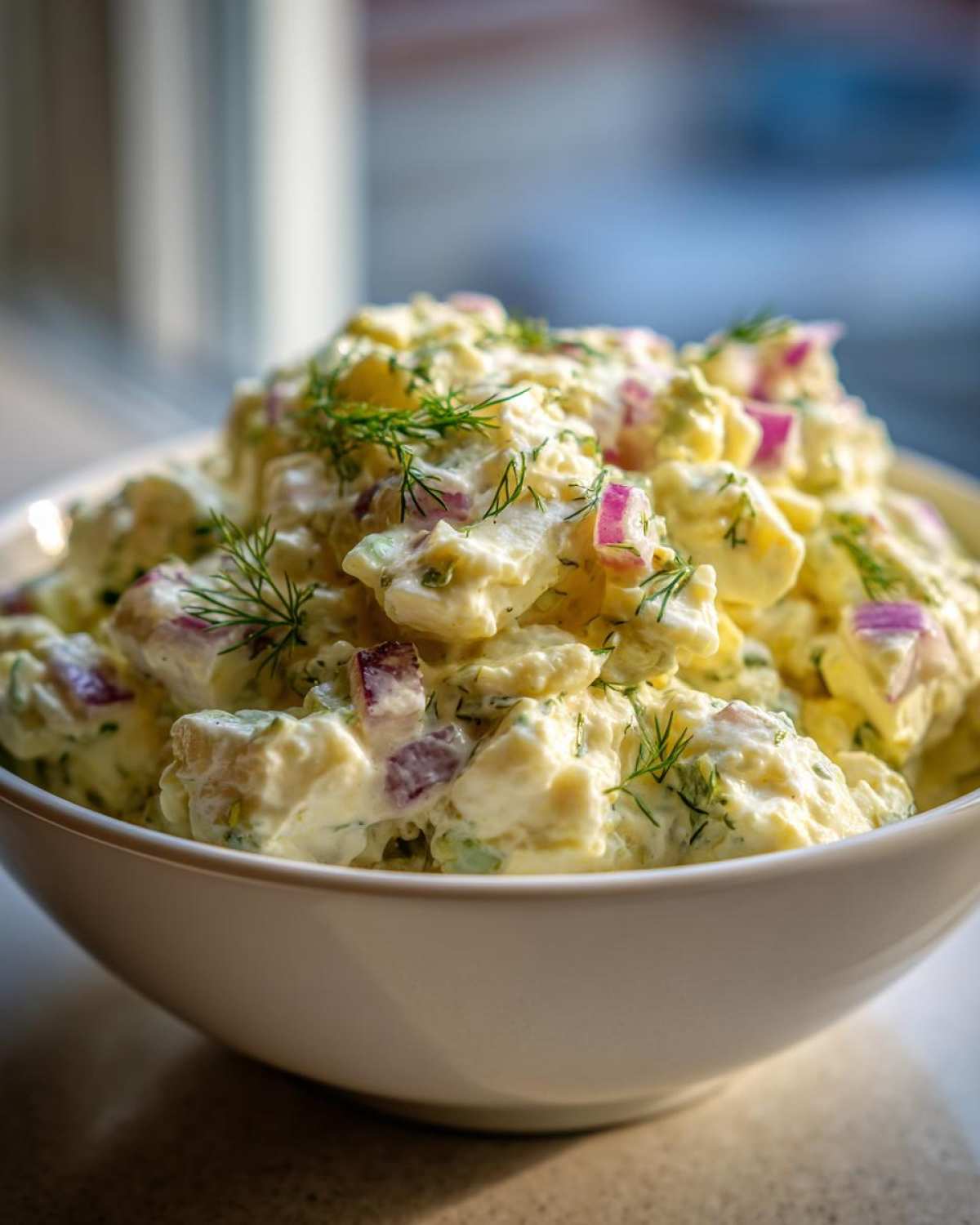 Close-up of creamy potato salad in a white bowl, garnished with red onion and dill, reminiscent of an egg salad recipe.