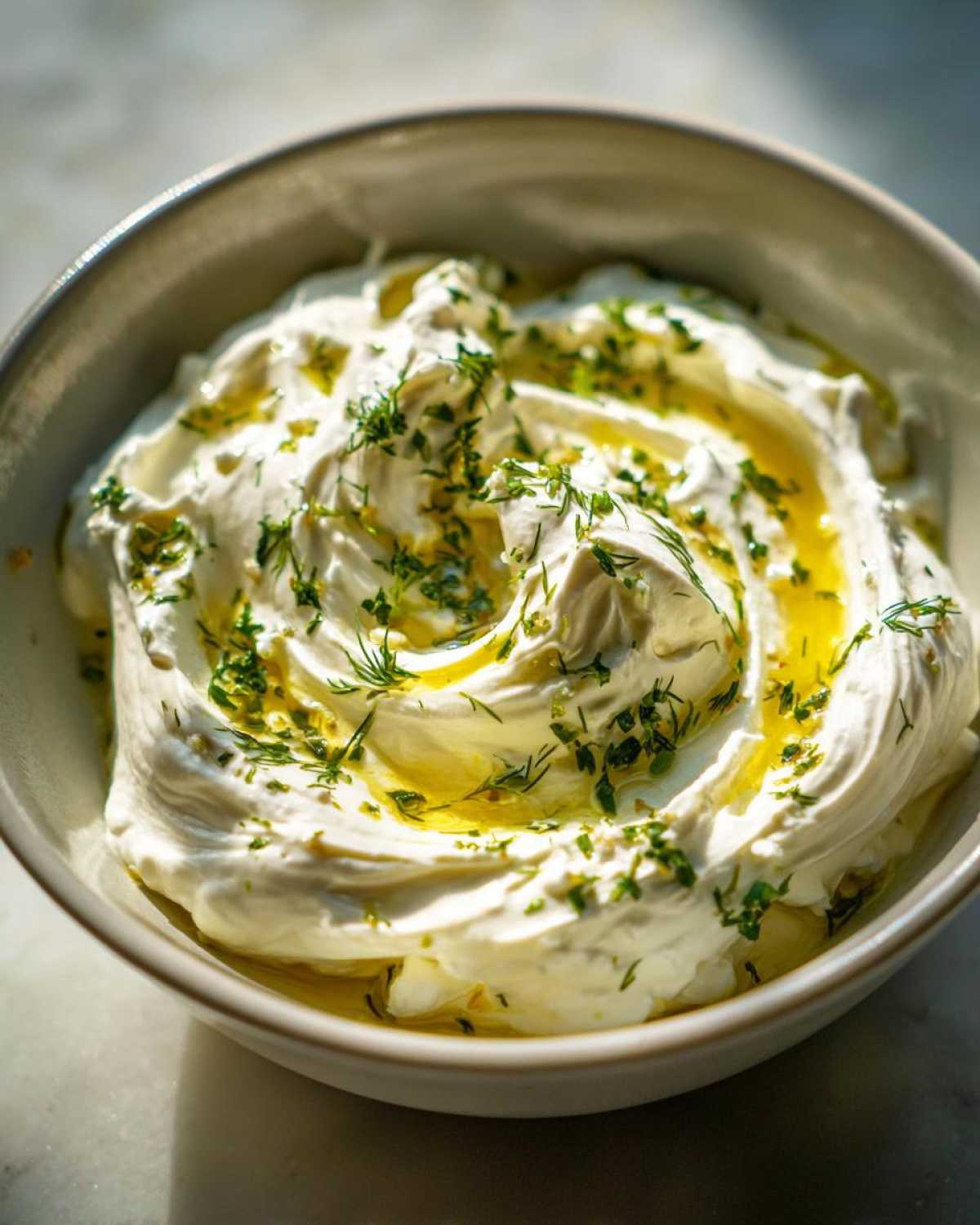 Close-up of a bowl of creamy whipped feta dip, drizzled with golden olive oil and topped with fresh green herbs.