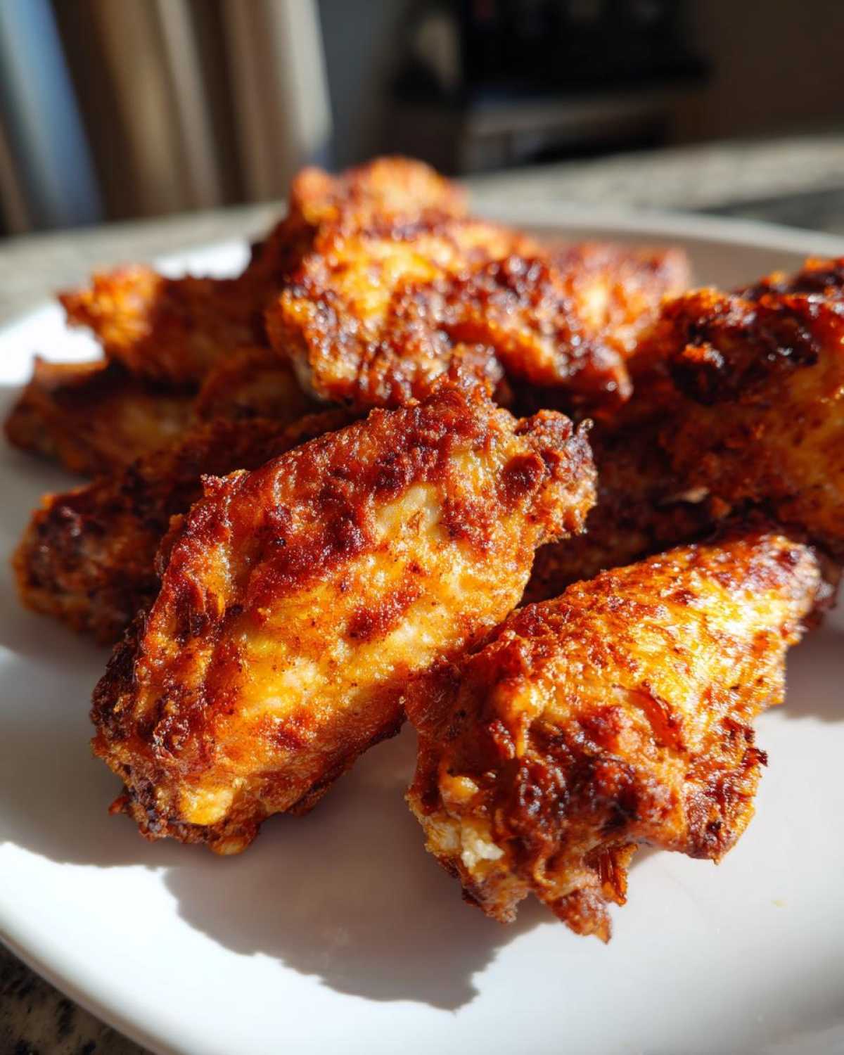 Close-up of several golden-brown, crispy air fryer chicken wings piled on a white plate.