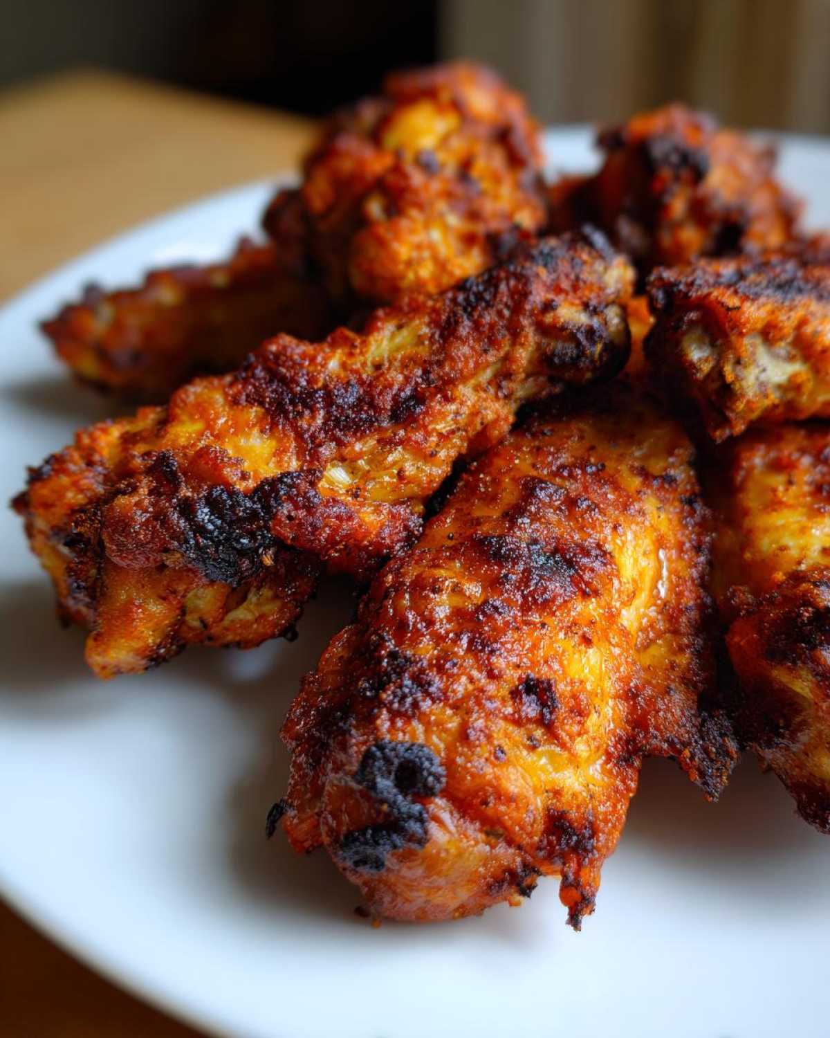 Close-up of several deeply colored, crispy air fryer chicken wings piled on a white plate.
