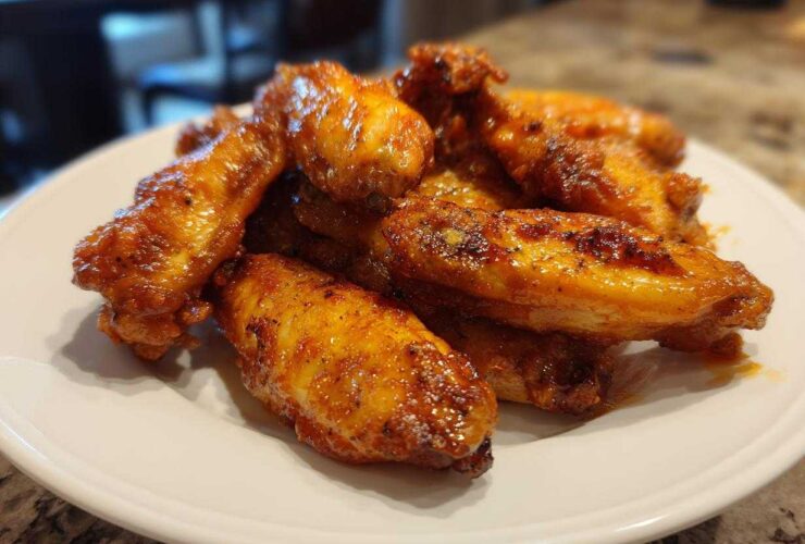 A close-up of several glossy, golden-brown crispy air fryer chicken wings piled on a white plate.