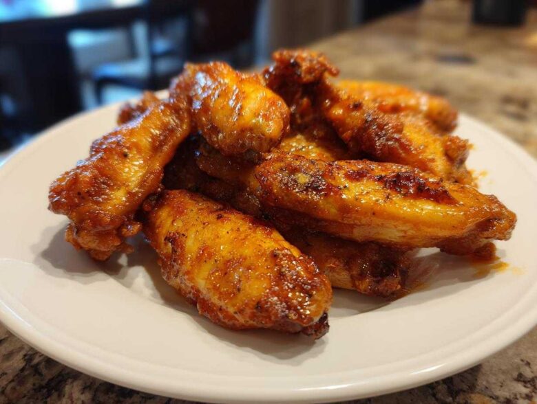 A close-up of several glossy, golden-brown crispy air fryer chicken wings piled on a white plate.