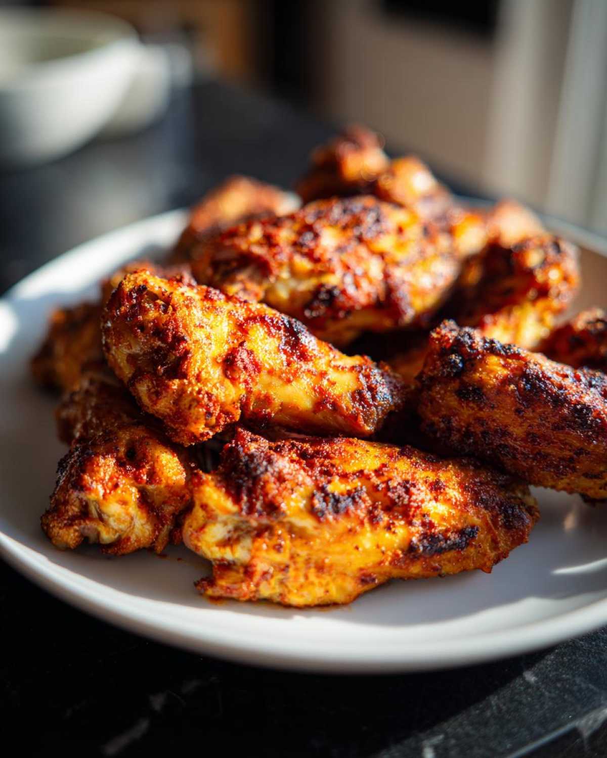 A close-up of golden brown, seasoned, crispy air fryer chicken wings piled high on a white plate.