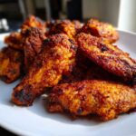 A close-up of golden brown, seasoned, crispy air fryer chicken wings piled on a white plate.