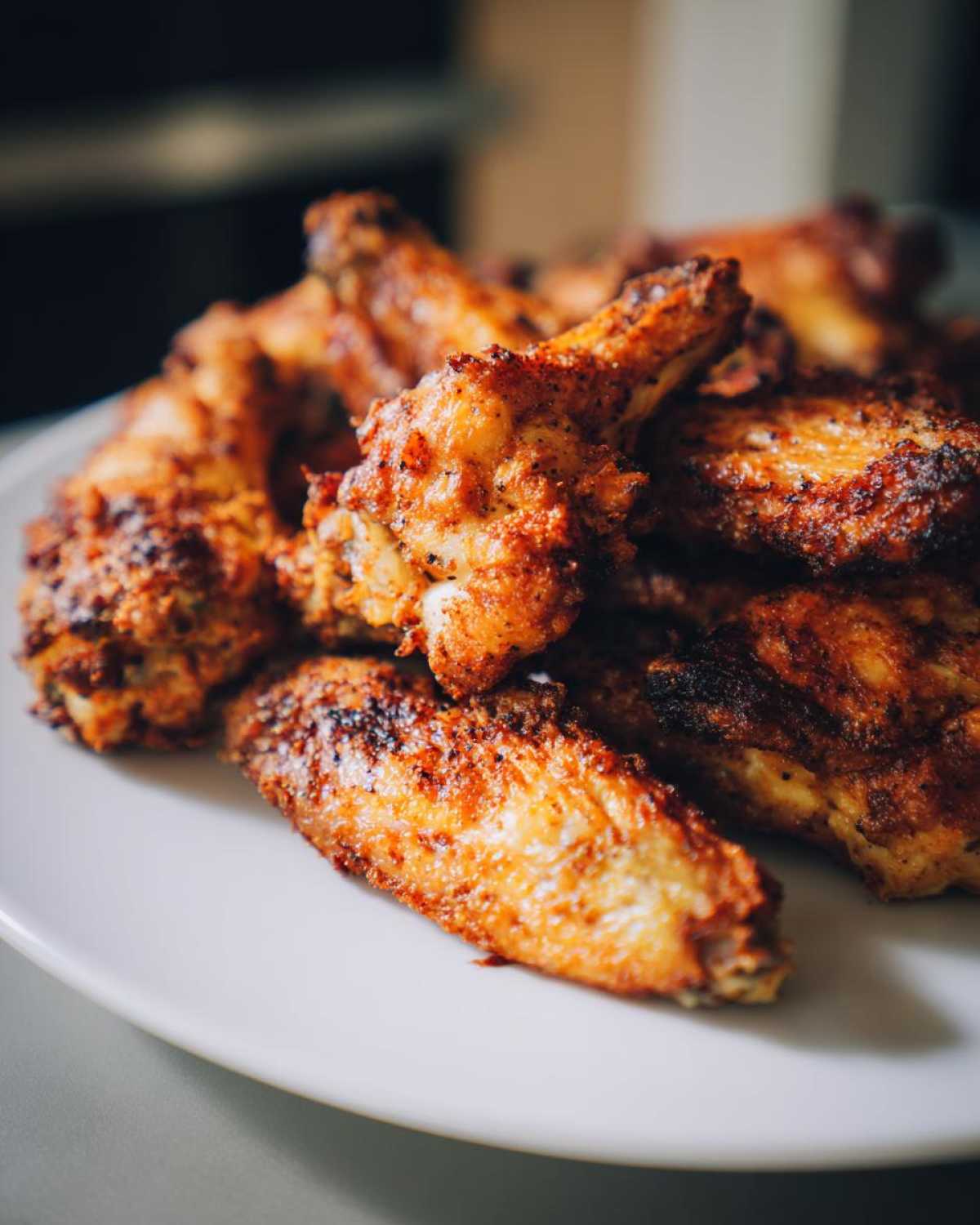 A close-up of a pile of golden brown, crispy air fryer chicken wings seasoned with spices.