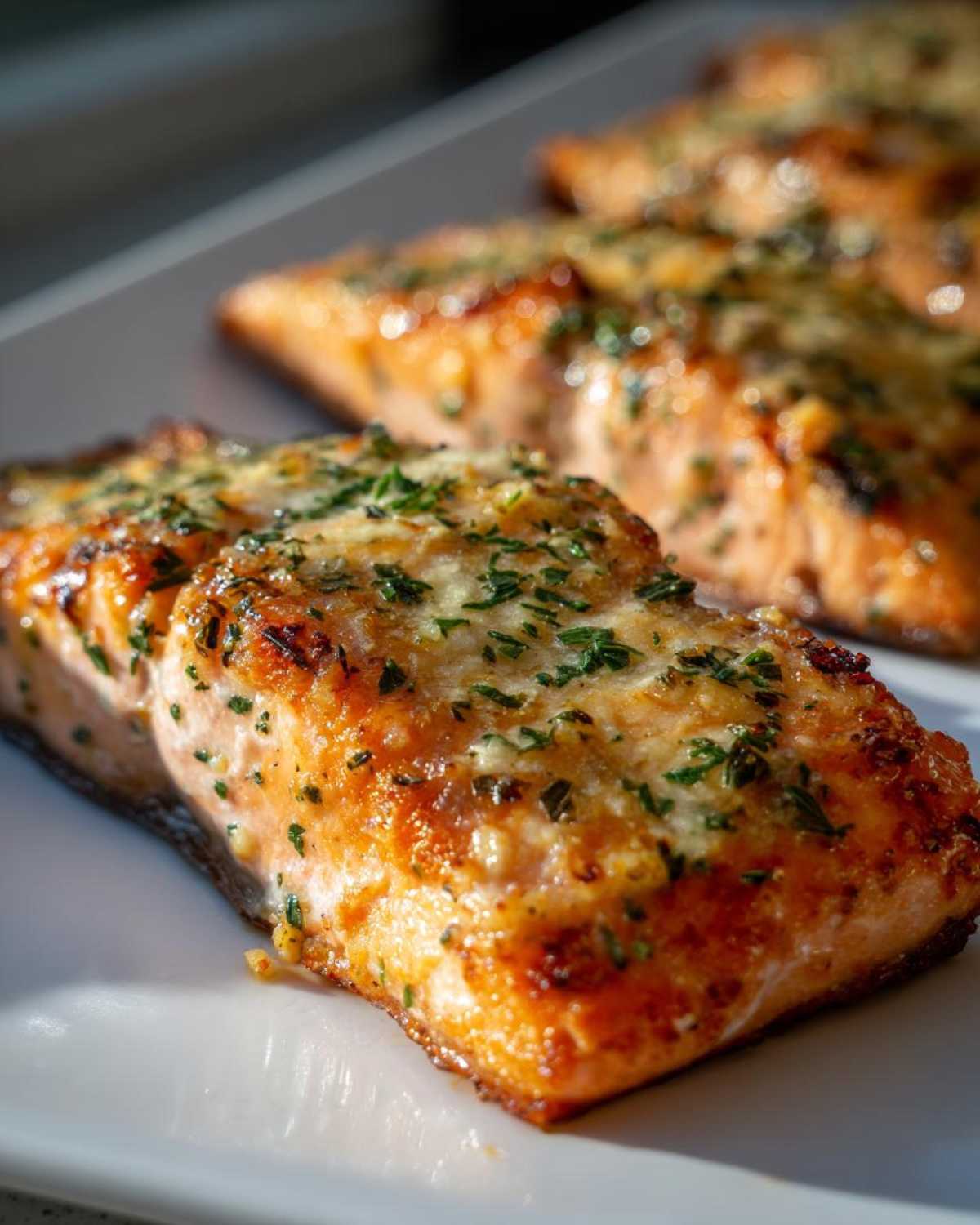 Close-up of a perfectly cooked, crispy air fryer salmon fillet topped with melted butter and fresh parsley.