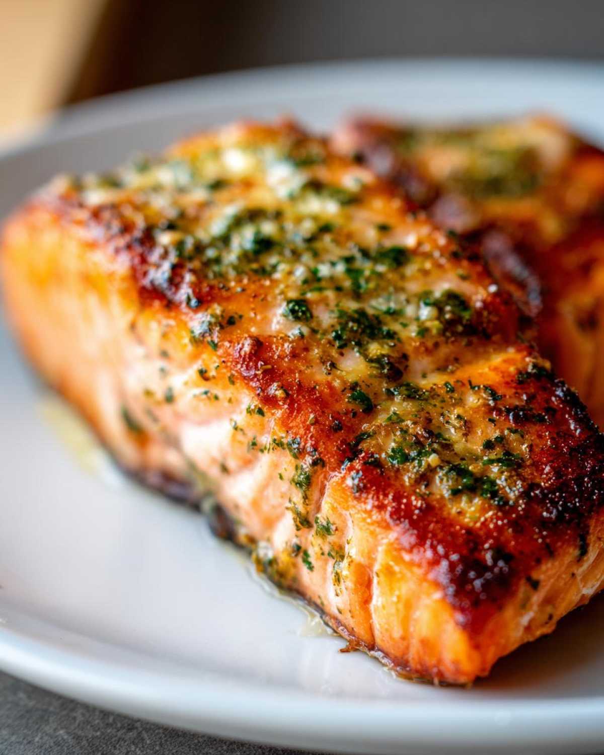 Close-up of a perfectly cooked, crispy air fryer salmon fillet topped with melted butter and green herbs.