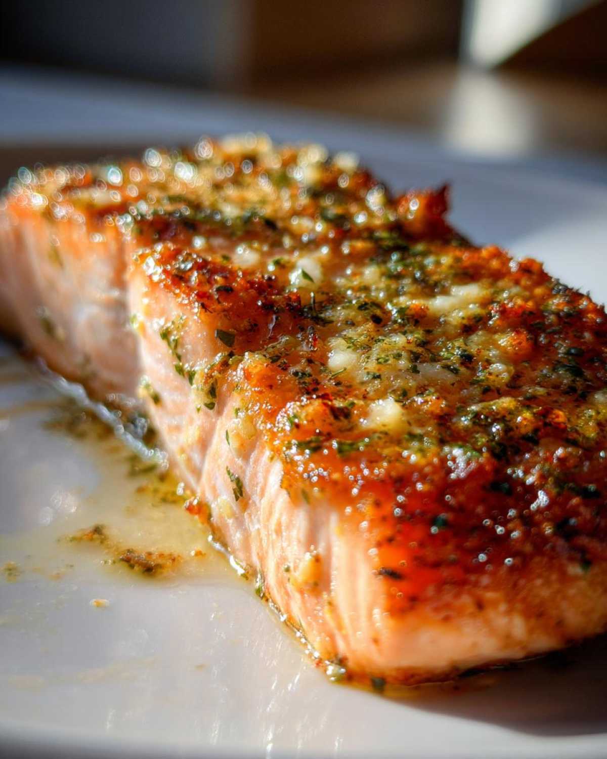Close-up of a perfectly cooked piece of air fryer salmon with a crispy, herb and garlic glaze resting on a white plate.