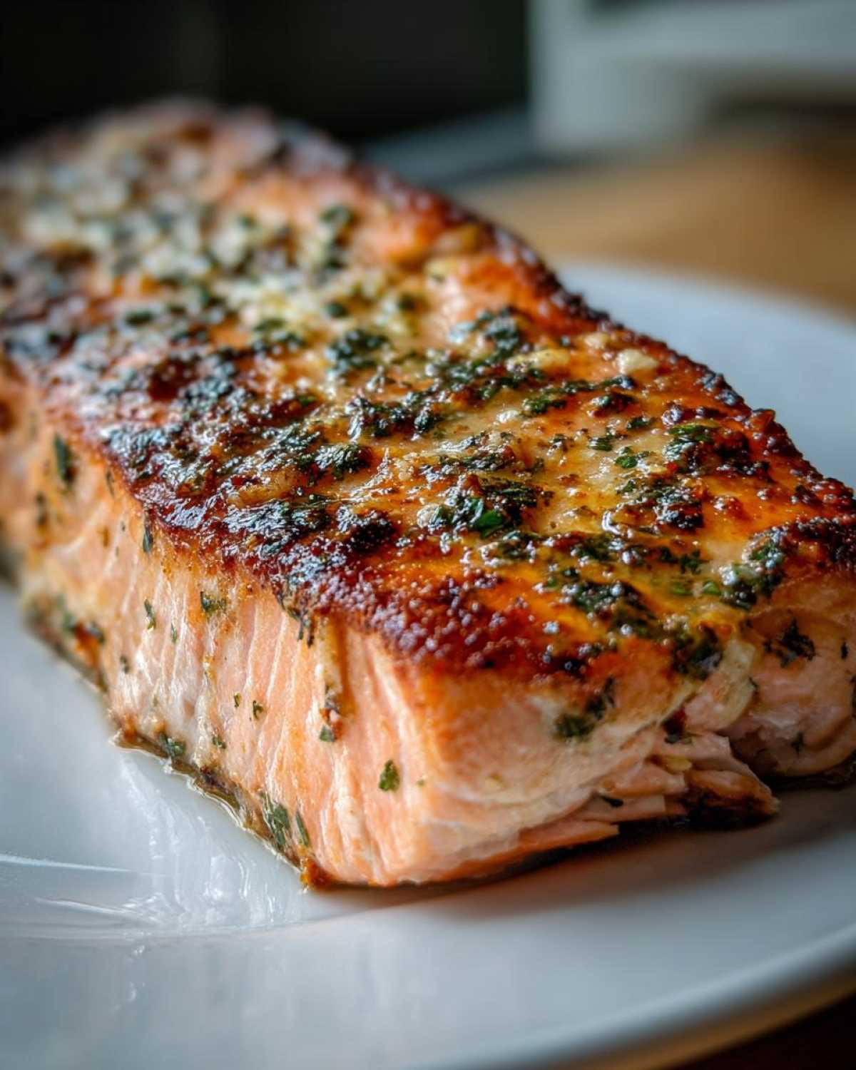 Close-up of a perfectly cooked piece of air fryer salmon with a crispy, glazed top sprinkled with green herbs.