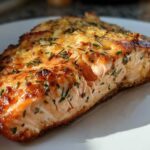 Close-up of a perfectly cooked piece of air fryer salmon with a golden, crispy, herbed topping on a white plate.