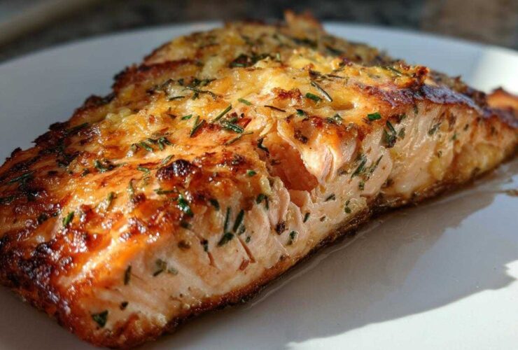 Close-up of a perfectly cooked piece of air fryer salmon with a golden, crispy, herbed topping on a white plate.